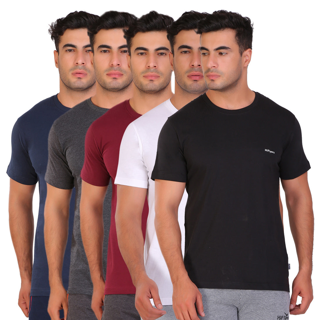 Hiflyers Men Slim Fit Solid Pack Of 5 Premium Round Neck T-Shirt Deep Pack of 10